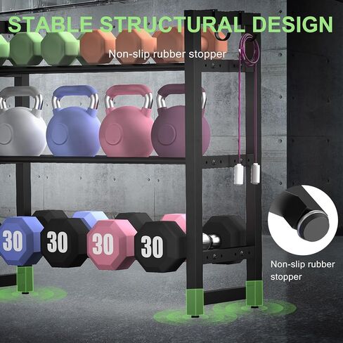 3 Tier Compact Adjustable Dumbbell Weight Rack, Heavy Duty Weight Storage Organizer with Side Hooks, Space-Saving Home Gym Rack for Dumbbells Kettlebells & Fitness Accessories, Sturdy Anti-Wobble Design, Easy Assembly in Saudi Arabia