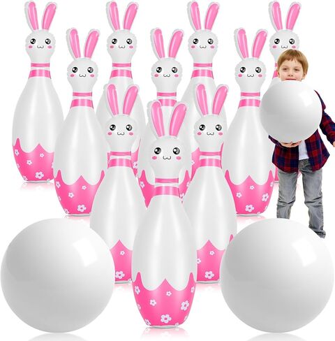 12 Pcs Kids Easter Bunny Bowling Set with 10 Bunny Bowling Pins and 2 Balls Inflatable Easter Bunny Games and Toys for Girls Boys Indoor Outdoor Party Event Family Holiday Activity in Kuwait