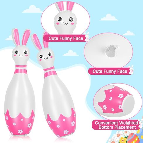 12 Pcs Kids Easter Bunny Bowling Set with 10 Bunny Bowling Pins and 2 Balls Inflatable Easter Bunny Games and Toys for Girls Boys Indoor Outdoor Party Event Family Holiday Activity in Kuwait