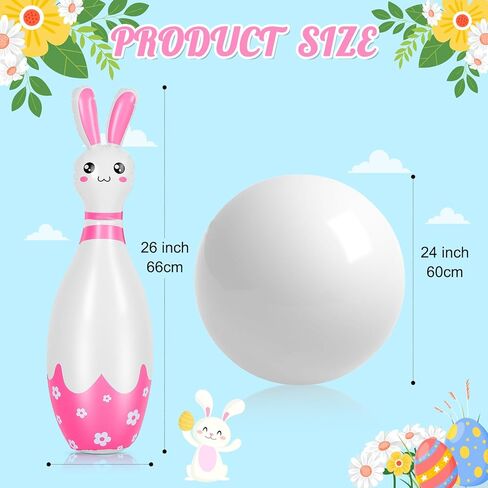 12 Pcs Kids Easter Bunny Bowling Set with 10 Bunny Bowling Pins and 2 Balls Inflatable Easter Bunny Games and Toys for Girls Boys Indoor Outdoor Party Event Family Holiday Activity in Kuwait