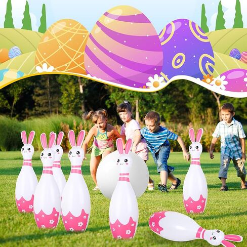 12 Pcs Kids Easter Bunny Bowling Set with 10 Bunny Bowling Pins and 2 Balls Inflatable Easter Bunny Games and Toys for Girls Boys Indoor Outdoor Party Event Family Holiday Activity in Kuwait
