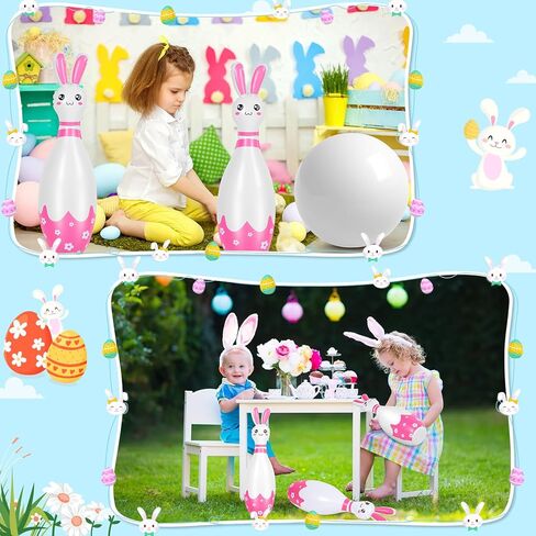 12 Pcs Kids Easter Bunny Bowling Set with 10 Bunny Bowling Pins and 2 Balls Inflatable Easter Bunny Games and Toys for Girls Boys Indoor Outdoor Party Event Family Holiday Activity in Kuwait