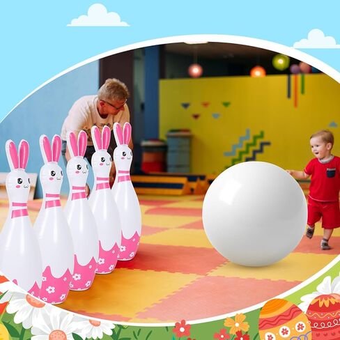 12 Pcs Kids Easter Bunny Bowling Set with 10 Bunny Bowling Pins and 2 Balls Inflatable Easter Bunny Games and Toys for Girls Boys Indoor Outdoor Party Event Family Holiday Activity in Kuwait