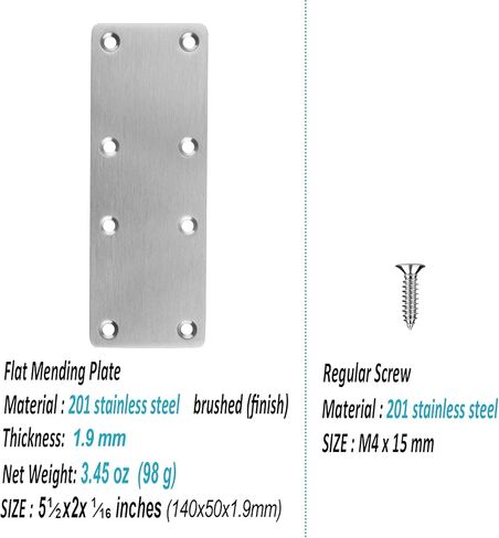 10 Pack 5-1/2" x 2" Flat Mending Plate, 201 Stainless Steel Straight Bracket with Hole, Metal Repair Connector, 1.9 mm Thick in Kuwait