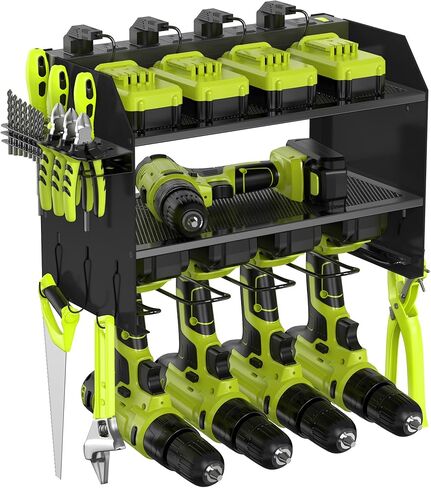 3 أرفف و7 حامل مثقاب منظم أدوات الطاقة على الحائط، رف تخزين الأدوات للمرآب، لوح التعليق، جدران ورشة العمل | متوافق مع جميع أنواع الأدوات الكهربائية اللاسلكية ويأتي مع خطافات J للأسلاك in Kuwait