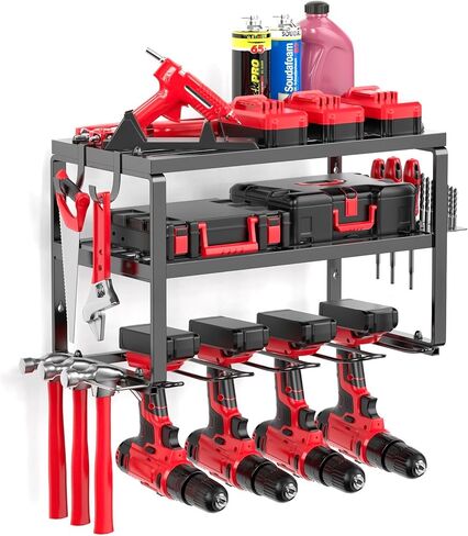 3 Shelf 7 Drill Holder Power Tool Organizer Wall Mount, Tool Storage Rack for Garage, Pegboard, Workshop walls | Compatible for all type of Cordless Power tools Comes With J hooks for Cords in Saudi Arabia