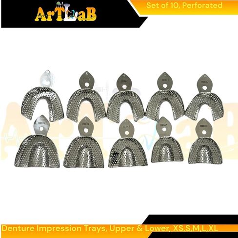 10pcs Denture Impression Trays, Metal, Perforated Design, Upper + Lower, Reusable Autoclave Safe Stainless Steel - XS, S, M, L, XL in Saudi Arabia