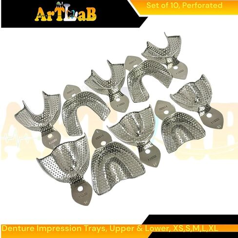 10pcs Denture Impression Trays, Metal, Perforated Design, Upper + Lower, Reusable Autoclave Safe Stainless Steel - XS, S, M, L, XL in Saudi Arabia