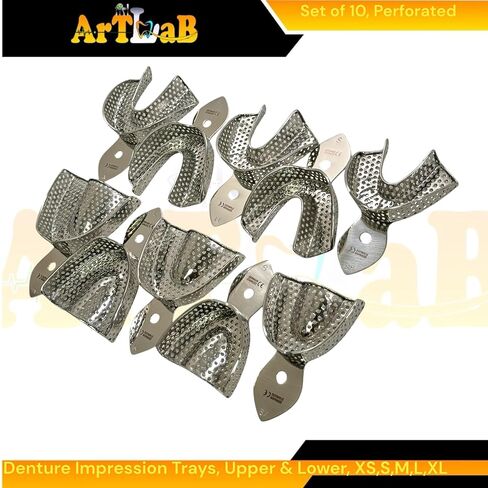 10pcs Denture Impression Trays, Metal, Perforated Design, Upper + Lower, Reusable Autoclave Safe Stainless Steel - XS, S, M, L, XL in Saudi Arabia