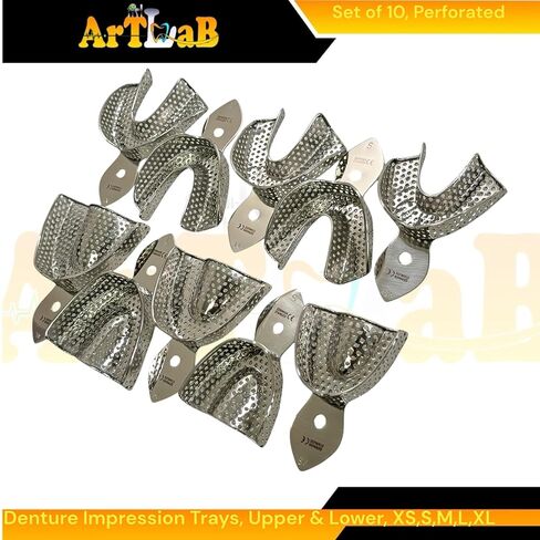 10pcs Denture Impression Trays, Metal, Perforated Design, Upper + Lower, Reusable Autoclave Safe Stainless Steel - XS, S, M, L, XL in Saudi Arabia