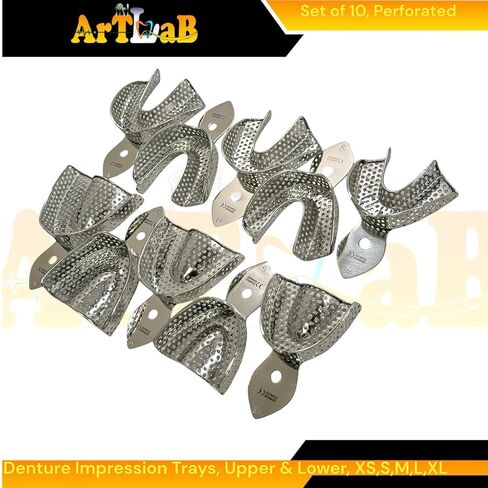10pcs Denture Impression Trays, Metal, Perforated Design, Upper + Lower, Reusable Autoclave Safe Stainless Steel - XS, S, M, L, XL in Saudi Arabia