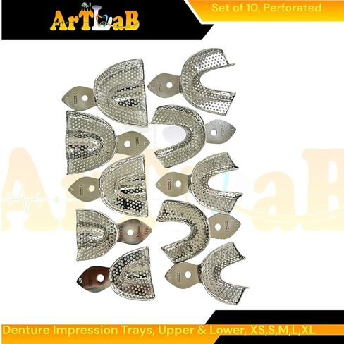 10pcs Denture Impression Trays, Metal, Perforated Design, Upper + Lower, Reusable Autoclave Safe Stainless Steel - XS, S, M, L, XL in Saudi Arabia
