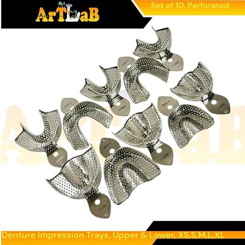 10pcs Denture Impression Trays, Metal, Perforated Design, Upper + Lower, Reusable Autoclave Safe Stainless Steel - XS, S, M, L, XL in Saudi Arabia