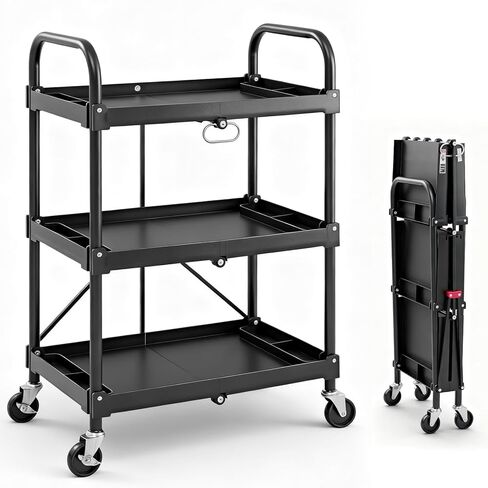 NEWBULIG 3-Tier Folding Utility Cart, Collapsible Service Cart with 4 Swivel Wheels & Brakes, Heavy Duty Rolling Storage for Kitchen Garden, 120 lbs Capacity, Black in Saudi Arabia