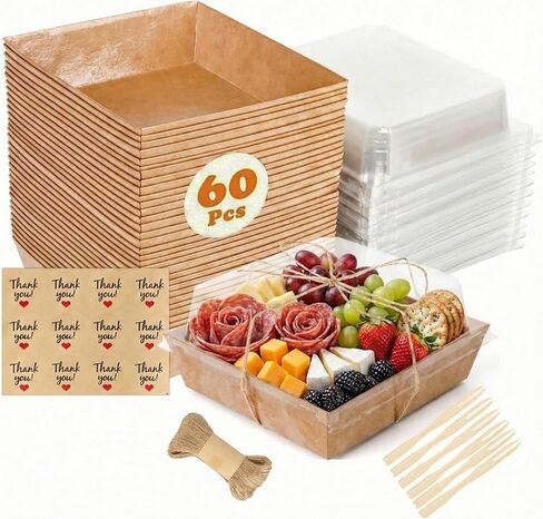 60 Pack Charcuterie Boxes with Clear Lids, Individual (Wood, 5 In) Small Paper Charcuterie To Go Box with Lid - Disposable Party Favor Boxes for Food, Sushi, Cookie, Cake Slice, Dessert, Sandwich in Kuwait