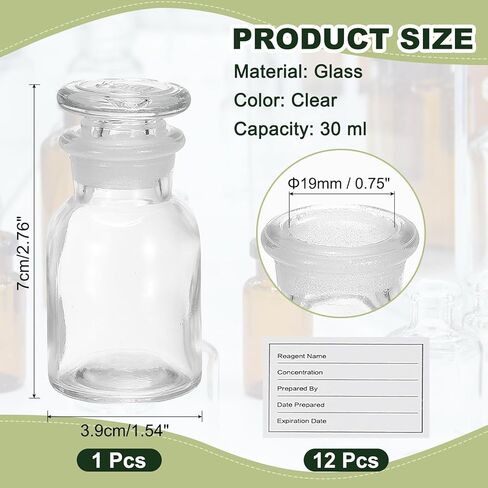 PATIKIL 30ml Glass Reagent Bottle, Wide Mouth Reagent Media Storage Bottle with Ground Stopper for Lab Water Reagent Liquids Chemistry Science Vase Perfume, Clear(1oz) in Saudi Arabia