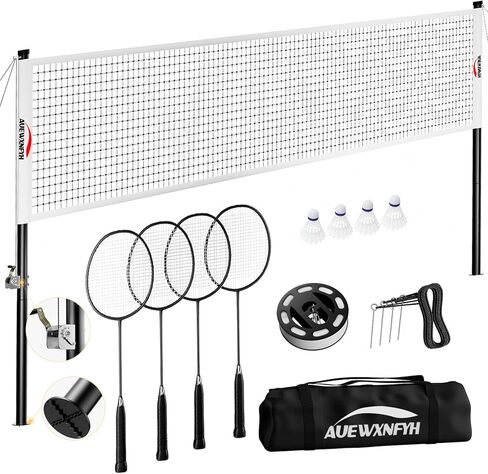 Complete Badminton Set with Net, Portable, Regulation Size for Backyard Beach Outdoor Family Games - Includes 4 Rackets, 3 Shuttlecocks, tensioner System & Carry Bag in Saudi Arabia