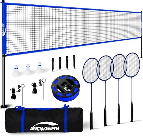Complete Badminton Set with Net, Portable, Regulation Size for Backyard Beach Outdoor Family Games - Includes 4 Rackets, 3 Shuttlecocks, tensioner System & Carry Bag in Saudi Arabia