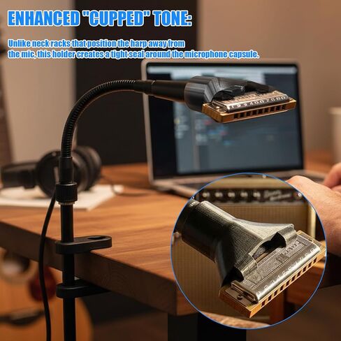 Harmonica Holder for 10 Hole Diatonic Harp, Hands-Free Mic Clip Compatible with Shure SM57 & 545SD-LC – 3D Printed Slide-On Attachment, Fixed Distance Acoustic Cup Design, Quick-Change Setup in Kuwait
