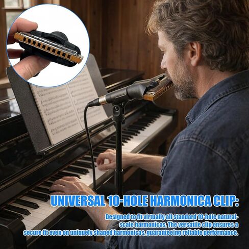 Harmonica Holder for 10 Hole Diatonic Harp, Hands-Free Mic Clip Compatible with Shure SM57 & 545SD-LC – 3D Printed Slide-On Attachment, Fixed Distance Acoustic Cup Design, Quick-Change Setup in Kuwait