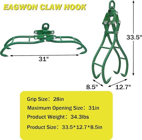 Timber Claw Hook, 4-Claw 28-Inch Log Grapple Tongs with Swivel Steel, 31" Max Opening, 2200LBS Capacity for Tractors, ATVs, Trucks & Forklifts in Kuwait