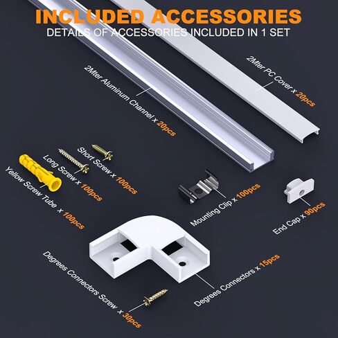 20 Pack 2Meter/6.6ft U Shape LED Aluminum Channels for LED Strip Lights, Aluminum Profile Diffuser Track with Milky White Cover, End Cap, Mounting Clip and Corner Connector, Easy Installation in Saudi Arabia