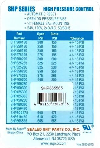 Supco SHP665565 High Pressure Switch Open: 665 PSI Close: 565 PSI HVAC Refrigeration in Kuwait