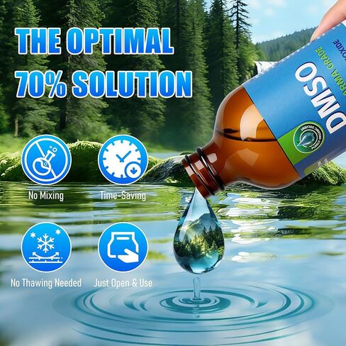 70% من DMSO مع 30% ماء منزوع الأيونات، محلول من الدرجة الصيدلانية للاستخدام المريح، معبأ في زجاجة كهرمانية زجاجية سعة 8 أونصة سائلة in Saudi Arabia