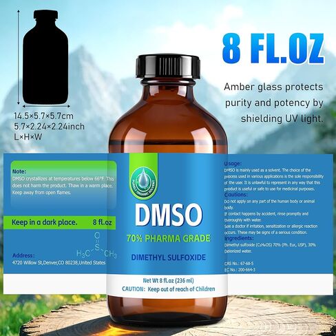 70% من DMSO مع 30% ماء منزوع الأيونات، محلول من الدرجة الصيدلانية للاستخدام المريح، معبأ في زجاجة كهرمانية زجاجية سعة 8 أونصة سائلة in Saudi Arabia