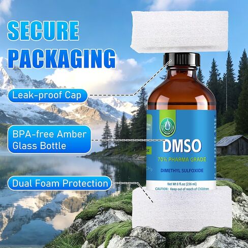 70% من DMSO مع 30% ماء منزوع الأيونات، محلول من الدرجة الصيدلانية للاستخدام المريح، معبأ في زجاجة كهرمانية زجاجية سعة 8 أونصة سائلة in Saudi Arabia