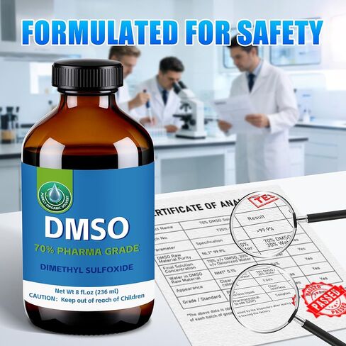 70% من DMSO مع 30% ماء منزوع الأيونات، محلول من الدرجة الصيدلانية للاستخدام المريح، معبأ في زجاجة كهرمانية زجاجية سعة 8 أونصة سائلة in Saudi Arabia