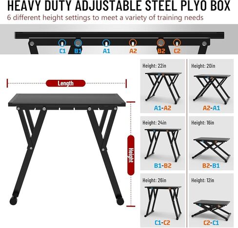 صندوق Plyometric فولاذي قابل للتعديل من GanFindX، ستة إعدادات للارتفاع 30.48 سم - 66.04 سم من الفولاذ Plyo Box Home Gym Jump Trainer للياقة البدنية وتمارين الرشاقة والقدرة على التحمل وتدريبات القوة in Kuwait