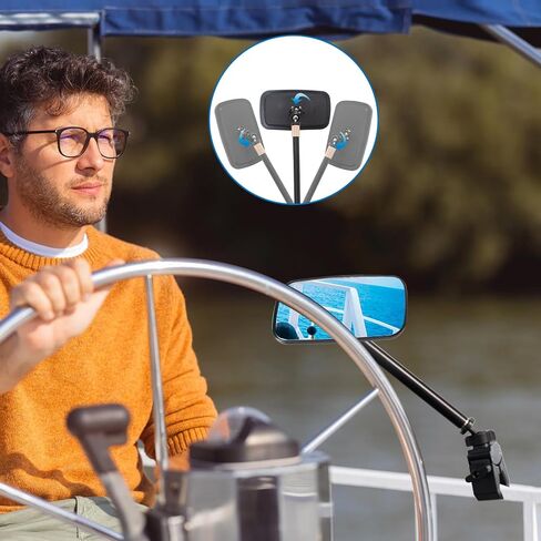 مرآة القارب للرؤية الخلفية مع عمود تصغير، 5.3 × 9 بوصة دوران 360 درجة أماكن متعددة مرآة بحرية قابلة للتعديل لقوارب التزلج الرياضية العائمة والتزلج على الماء، مشبك سهل على السكك الحديدية in Saudi Arabia