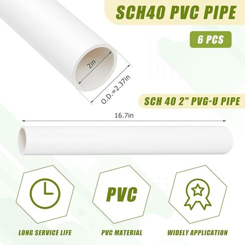 6 قطع من الأنابيب البلاستيكية مقاس 2 بوصة بطول 16.7 بوصة من أنابيب PVC الصناعية Sch40 باللون الأبيض للمنزل والحديقة والدفيئة والمزرعة وورش العمل ودرجة الأثاث (2 بوصة × 16.7 بوصة طول) in Kuwait