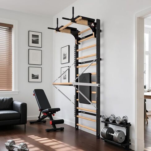 سويديش لادر برو، قضيب كشك خشبي مع شريط دفع من خلاله، شريط غمس قابل للتعديل للبالغين والأطفال، حزمة الملحقات، الربيع، للمنزل والمدرسة والعلاج الطبيعي والجمباز in Kuwait