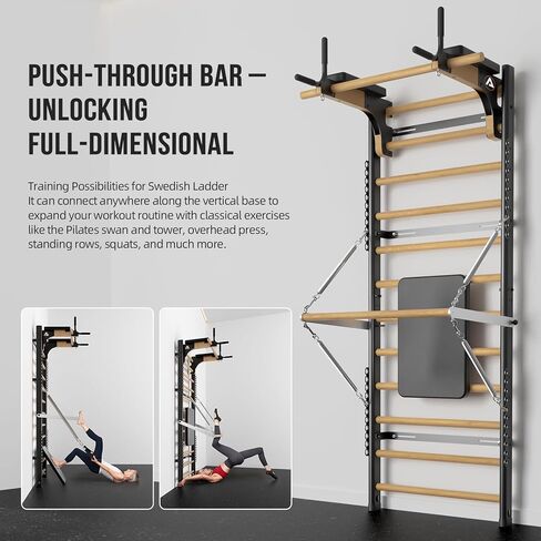 سويديش لادر برو، قضيب كشك خشبي مع شريط دفع من خلاله، شريط غمس قابل للتعديل للبالغين والأطفال، حزمة الملحقات، الربيع، للمنزل والمدرسة والعلاج الطبيعي والجمباز in Kuwait