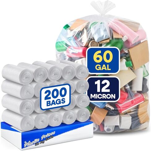 55-60 Gallon Can Liners 12 Mic High-Density Garbage Bags Clear 38" x 60" Trash Bags 200/Case in Kuwait