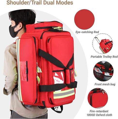 حقيبة طبية دوارة بعجلات، حقيبة المستجيب الأول فارغة، قماش أكسفورد 1800D، سعة كبيرة، مع مقصورات وشرائط عاكسة، لـ EMT، EMS، ممرضات الصحة المنزلية، الأطباء in Kuwait