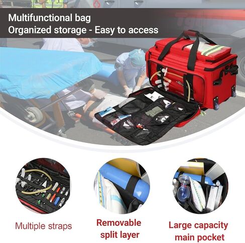 حقيبة طبية دوارة بعجلات، حقيبة المستجيب الأول فارغة، قماش أكسفورد 1800D، سعة كبيرة، مع مقصورات وشرائط عاكسة، لـ EMT، EMS، ممرضات الصحة المنزلية، الأطباء in Kuwait