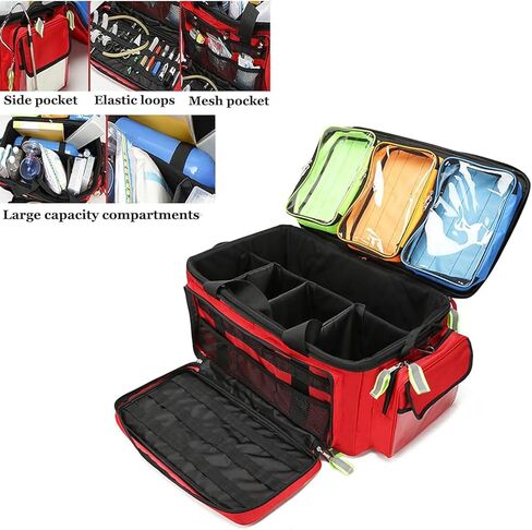 حقيبة طبية دوارة بعجلات، حقيبة المستجيب الأول فارغة، قماش أكسفورد 1800D، سعة كبيرة، مع مقصورات وشرائط عاكسة، لـ EMT، EMS، ممرضات الصحة المنزلية، الأطباء in Kuwait