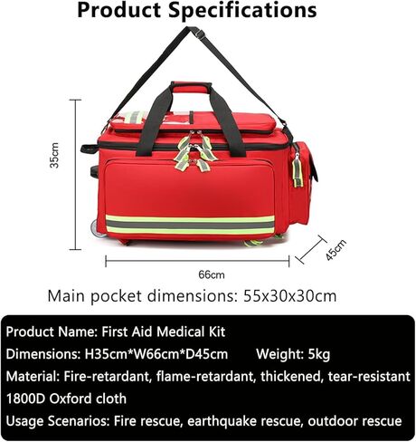 حقيبة طبية دوارة بعجلات، حقيبة المستجيب الأول فارغة، قماش أكسفورد 1800D، سعة كبيرة، مع مقصورات وشرائط عاكسة، لـ EMT، EMS، ممرضات الصحة المنزلية، الأطباء in Kuwait