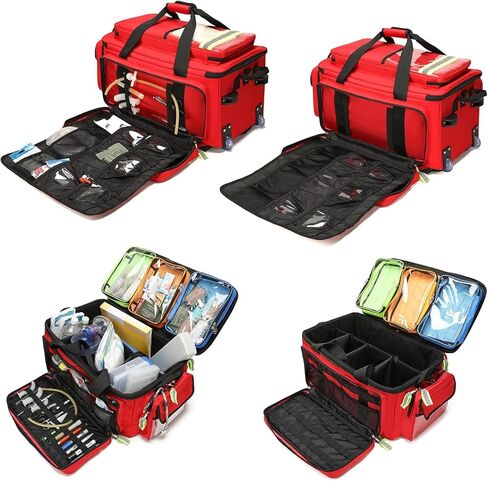 حقيبة طبية دوارة بعجلات، حقيبة المستجيب الأول فارغة، قماش أكسفورد 1800D، سعة كبيرة، مع مقصورات وشرائط عاكسة، لـ EMT، EMS، ممرضات الصحة المنزلية، الأطباء in Kuwait