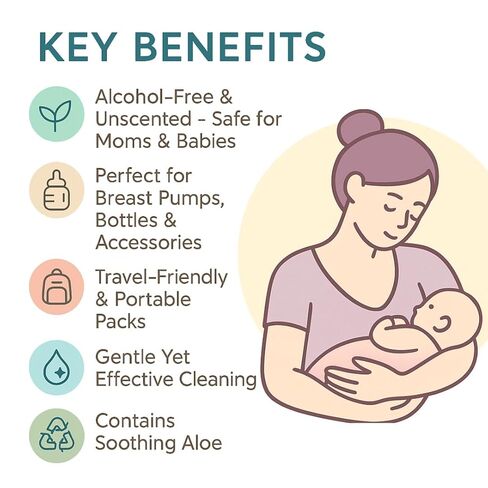 Snugell Breast Pump Cleaning Wipes – 10 Wipes per Sachet, 12 Sachets per Box – Alcohol-Free, Lint-Free, Unscented, Safe for Pump Parts, Shields, Bottles, and Accessories – Travel-Friendly in Saudi Arabia