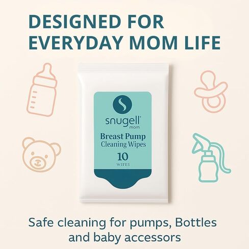 Snugell Breast Pump Cleaning Wipes – 10 Wipes per Sachet, 12 Sachets per Box – Alcohol-Free, Lint-Free, Unscented, Safe for Pump Parts, Shields, Bottles, and Accessories – Travel-Friendly in Saudi Arabia