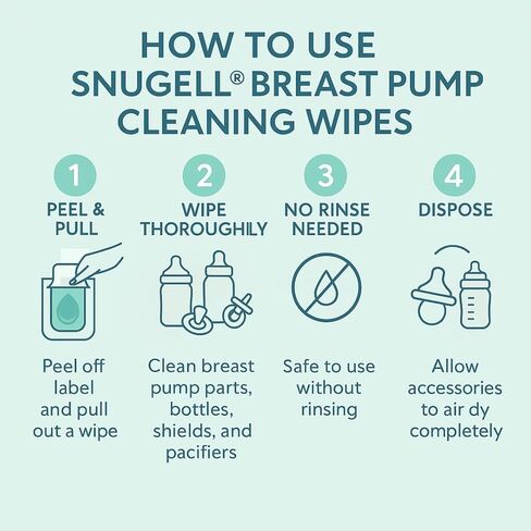 Snugell Breast Pump Cleaning Wipes – 10 Wipes per Sachet, 12 Sachets per Box – Alcohol-Free, Lint-Free, Unscented, Safe for Pump Parts, Shields, Bottles, and Accessories – Travel-Friendly in Saudi Arabia