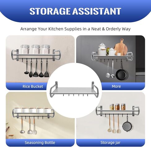 رف فرن الميكروويف مثبت على الحائط، حامل دعامة من الفولاذ المقاوم للصدأ فوق الموقد مع 6 خطافات، رف ميكروونداس للمسكن، الشقة، المطبخ، غرفة النوم، عرض 20.8 × عمق 14.9 × طول 7.1 بوصة in Kuwait