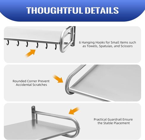 رف فرن الميكروويف مثبت على الحائط، حامل دعامة من الفولاذ المقاوم للصدأ فوق الموقد مع 6 خطافات، رف ميكروونداس للمسكن، الشقة، المطبخ، غرفة النوم، عرض 20.8 × عمق 14.9 × طول 7.1 بوصة in Kuwait