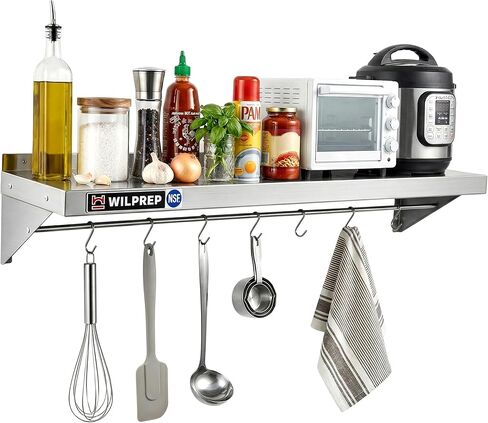 Wilprep NSF Stainless Steel Shelf, 12"x 48" Wall-Mounted Commercial Shelf for Kitchen Wall, 220lb Metal Storage Shelf with Support Brackets & 10 Hooks for Restaurant Kitchen Laundry Room Garage in Kuwait