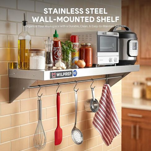 Wilprep NSF Stainless Steel Shelf, 12"x 48" Wall-Mounted Commercial Shelf for Kitchen Wall, 220lb Metal Storage Shelf with Support Brackets & 10 Hooks for Restaurant Kitchen Laundry Room Garage in Kuwait