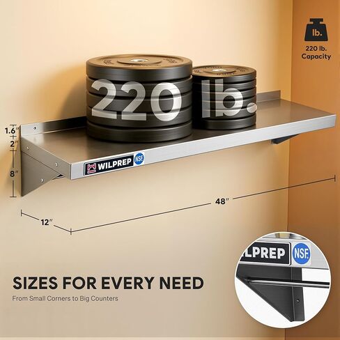 Wilprep NSF Stainless Steel Shelf, 12"x 48" Wall-Mounted Commercial Shelf for Kitchen Wall, 220lb Metal Storage Shelf with Support Brackets & 10 Hooks for Restaurant Kitchen Laundry Room Garage in Kuwait